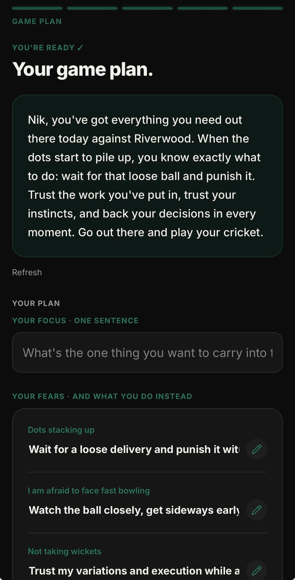 HeyNik app game plan screen, showing an AI-written pre-game plan and a player's fears with what to do instead.