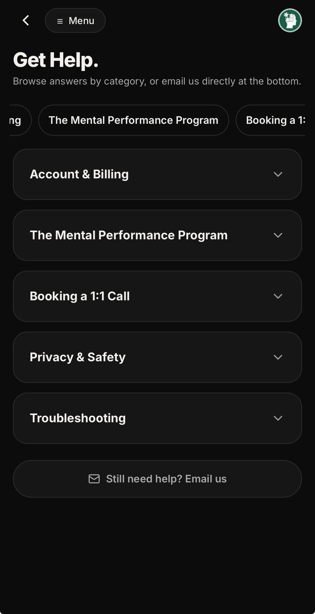 HeyNik app Get Help screen, with categorised FAQs and a direct email option.