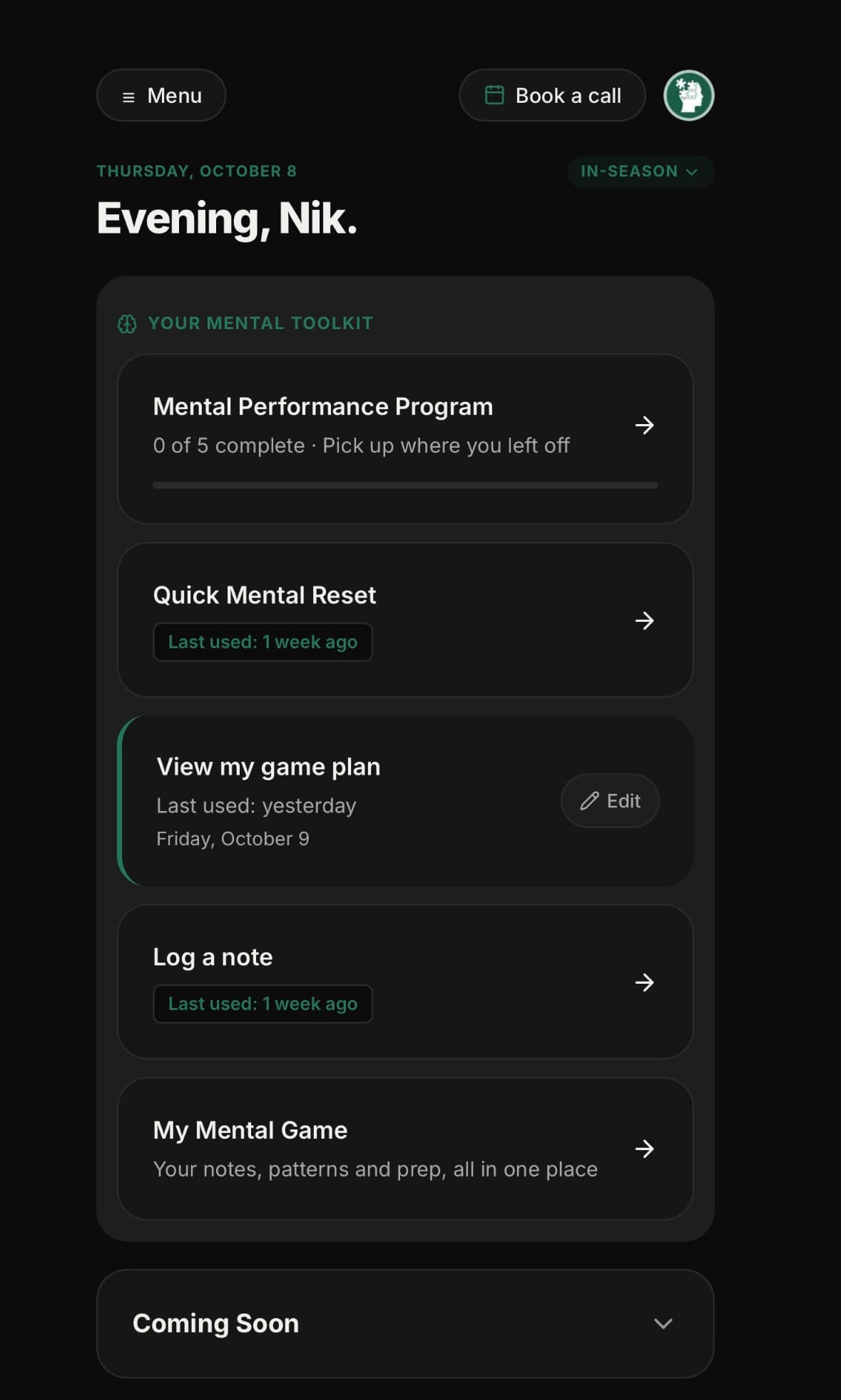 HeyNik app Home screen, showing the Mental Performance Program, Quick Mental Reset, game plan and Log a note cards.