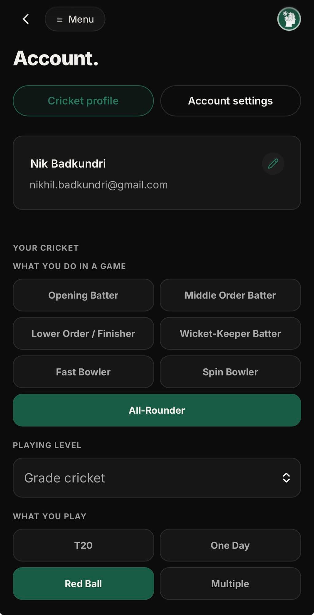 HeyNik app Account screen, showing a player's cricket profile - role, playing level and format.